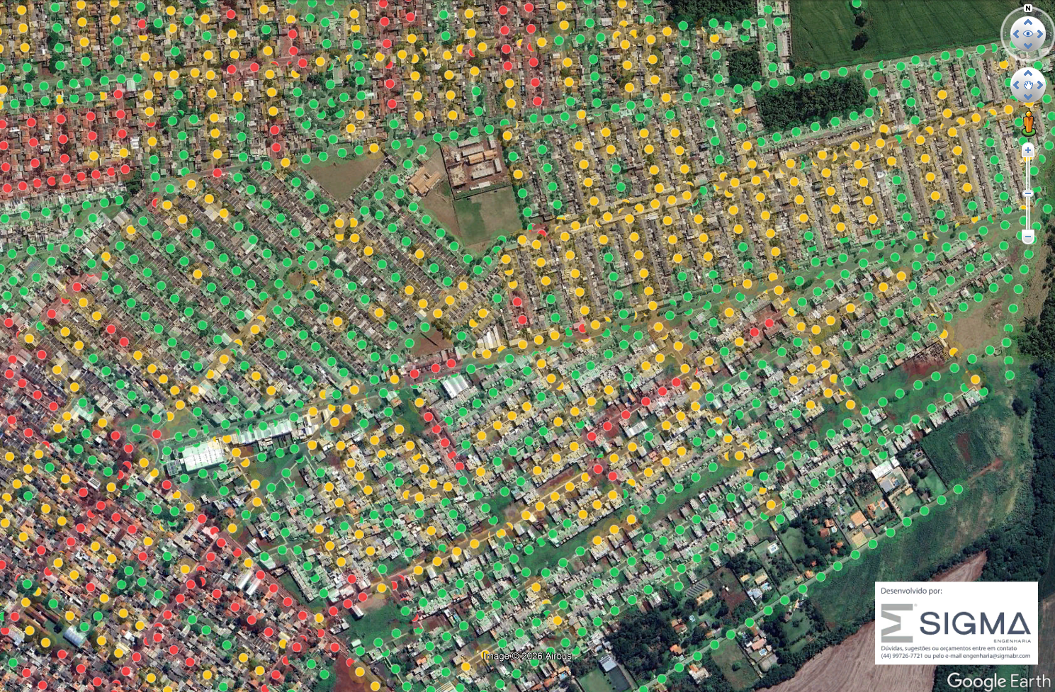 Camada de postes COPEL aberta no Google Earth, com marcadores coloridos sobre o mapa