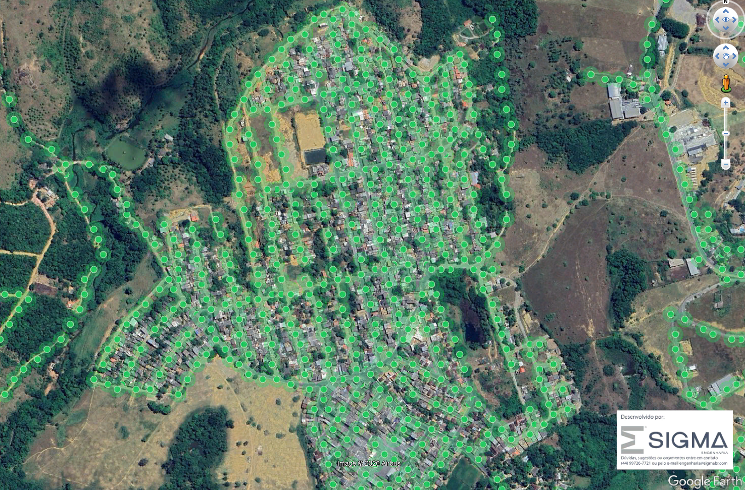 Poste EDP selecionado no Google Earth mostrando os detalhes: número do poste, situação e coordenadas
