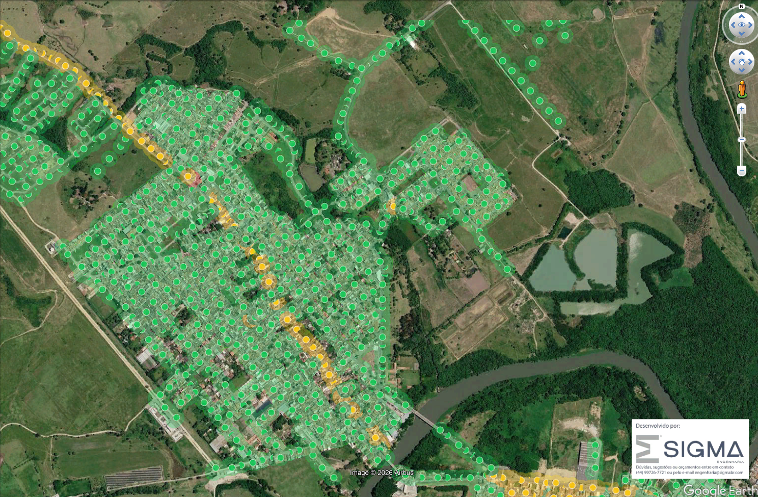 Poste EDP selecionado no Google Earth mostrando os detalhes: número do poste, situação e coordenadas